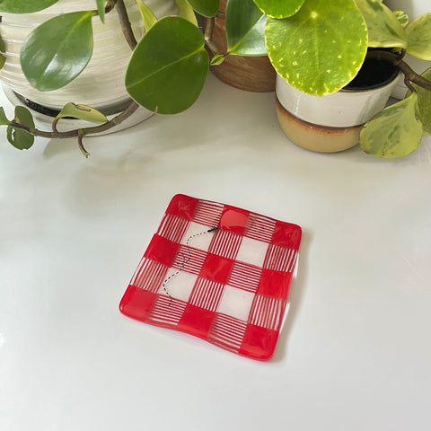 Fused Glass Catch-All Wavy Plate - Red Gingham Picnic Blanket w/ Ant