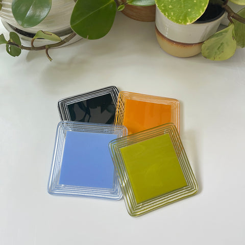 Fused Glass Coasters w/ Squiggle Stripe Borders - Monochromatic (Set of 4)