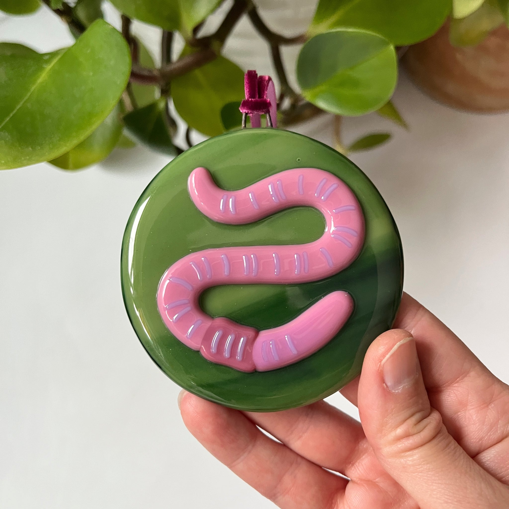 Round Earthworm Fused Glass Ornament